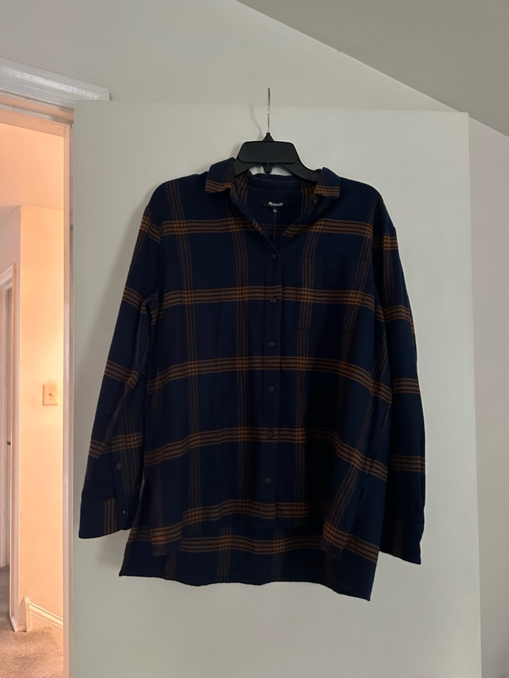 Madewell Navy Plaid Button-Up with Brown Stripes